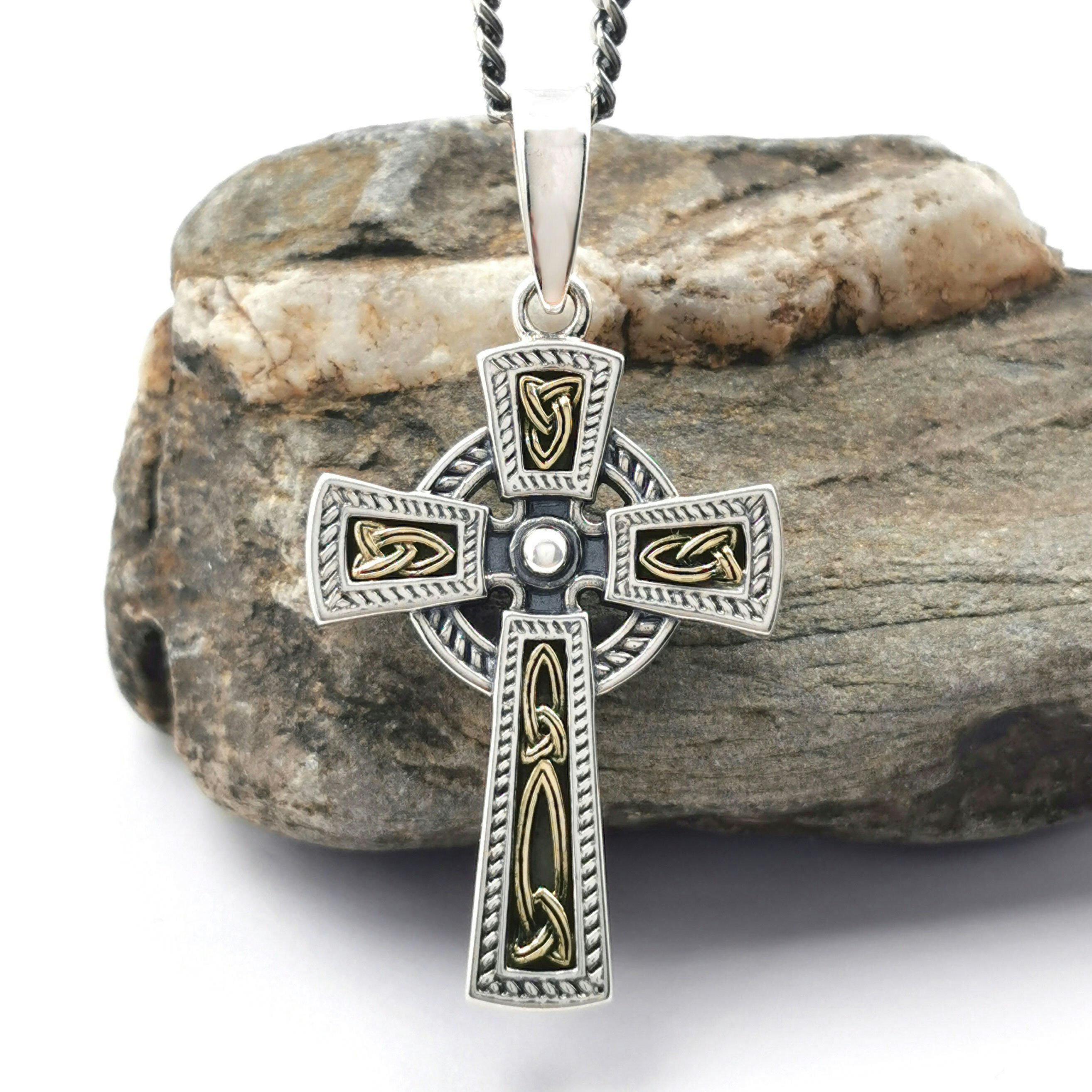 Yellow Gold Diamond Trinity Knot Celtic Cross Pendant Necklace